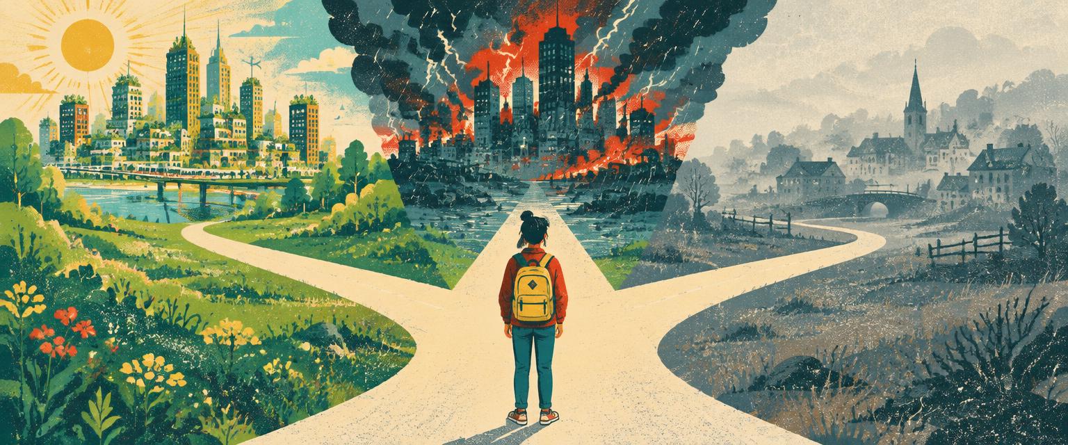 A student at a fork between a flourishing, a stormy, and a foggy future