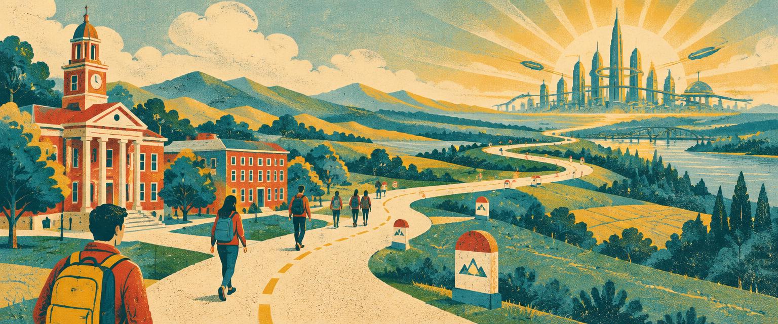 A road winding from a college campus toward a glowing future city