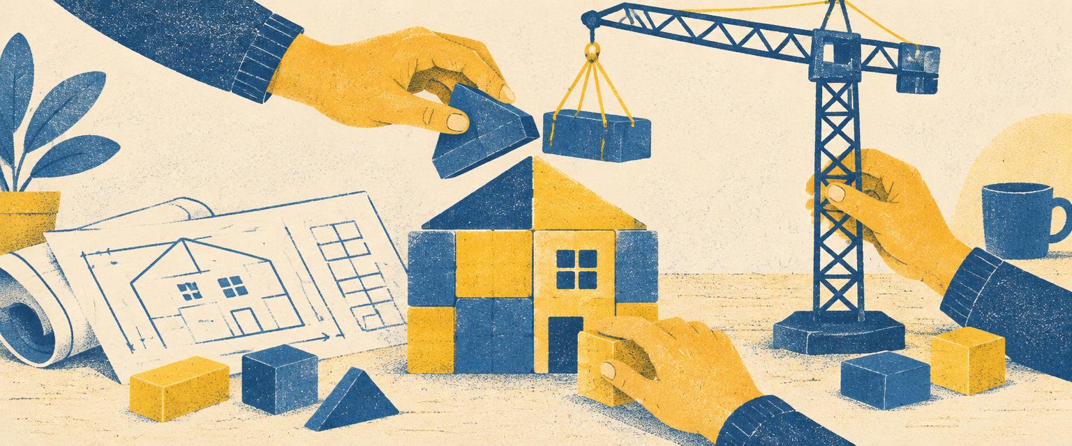 Hands building a small house from blocks, with blueprints and a crane