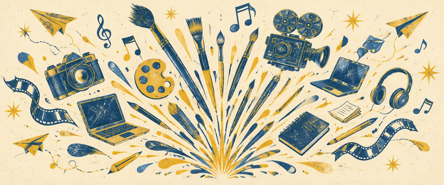 An explosion of creative tools: cameras, brushes, instruments, and laptops