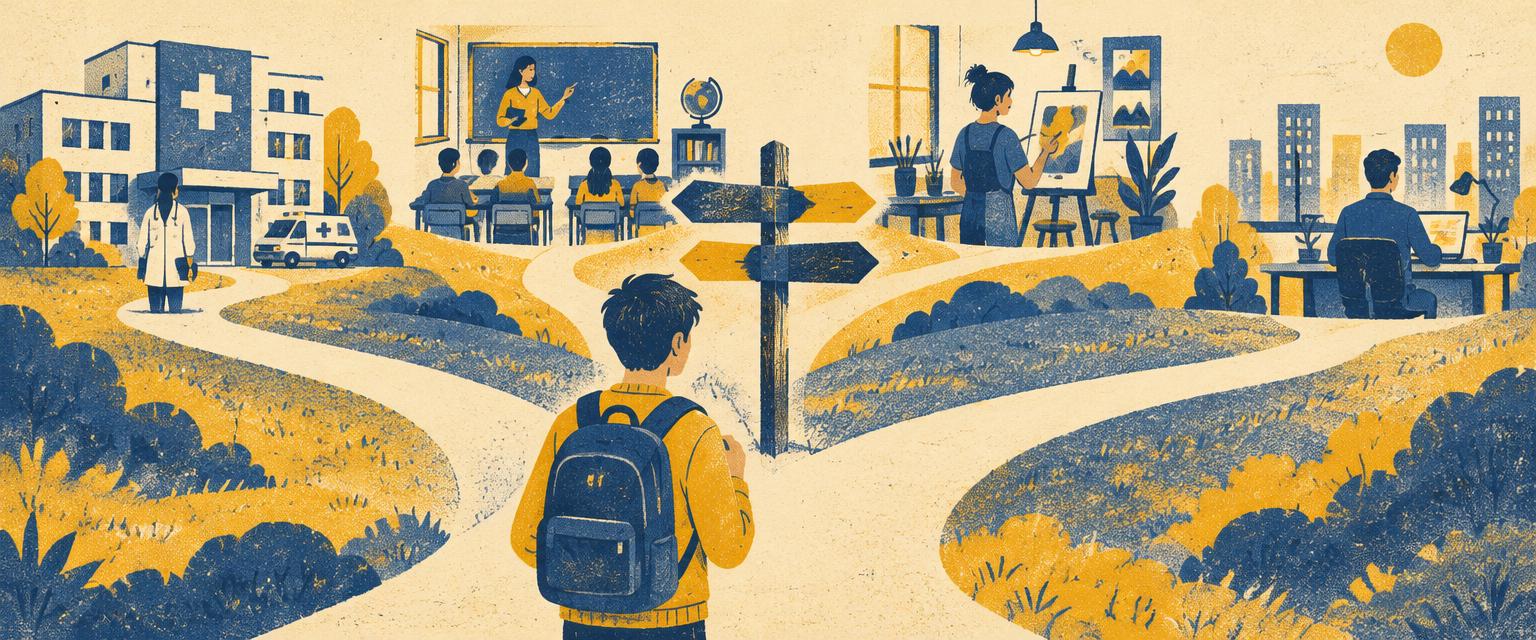 A student at a crossroads with paths to a hospital, classroom, studio, and office