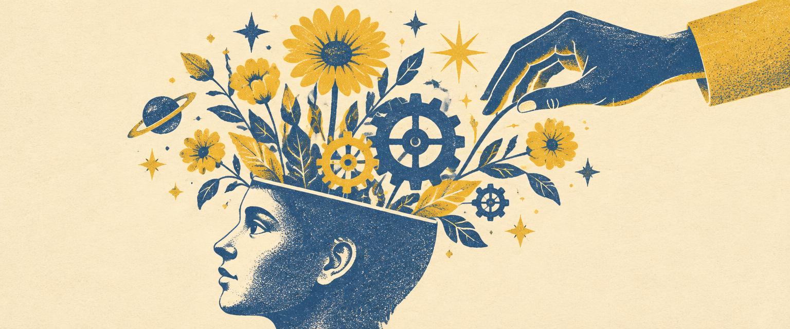 Flowers, gears, and stars growing from a person’s mind, guided by a hand