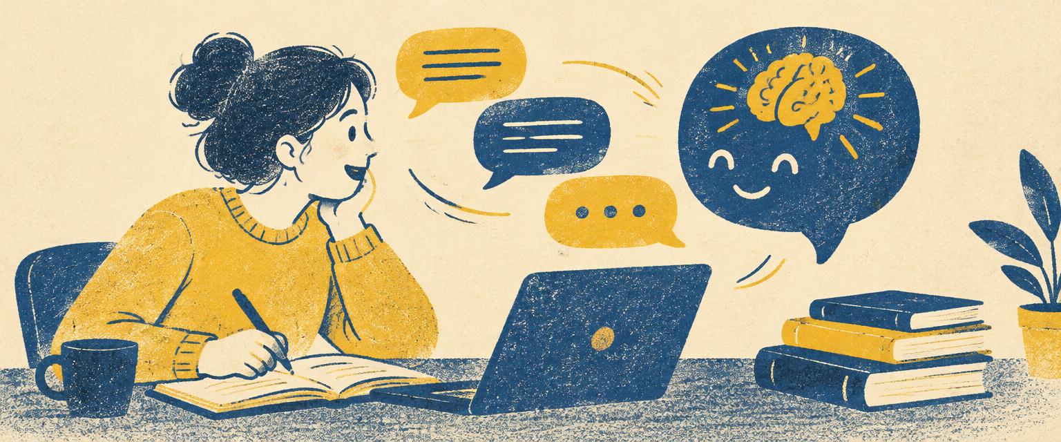 A student chatting with a friendly AI while studying
